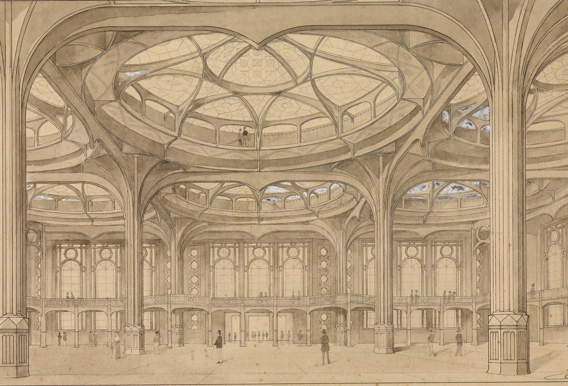 Anatole de Baudot, Projet de grand hall couvert d'une exposition, encre et aquarelle sur papier, 1914